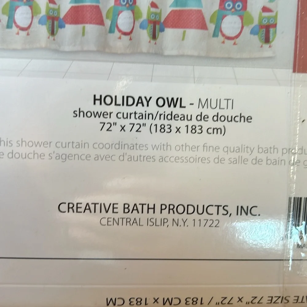 Creative Bath Products Holiday Owl shower curtain. Owls and Christmas trees NEW